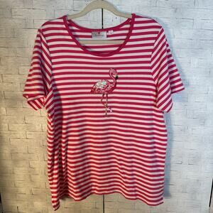 Quacker factory women’s T-shirt, sequin flamingo pink & white stripe coastal ￼